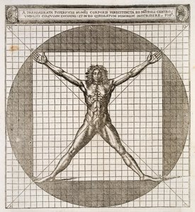 Ihanteelliset mittasuhteet, jotka paljastettiin perustuvan ihmiskehoon, Marcus Vitruvius Pollion teoksesta "The Architecture of the Book of Dece, käännetty latinasta latinaksi Vulgare", kääntänyt Cesare Cesariano, publis tekijältä Cesare di Lorenzo Cesariano